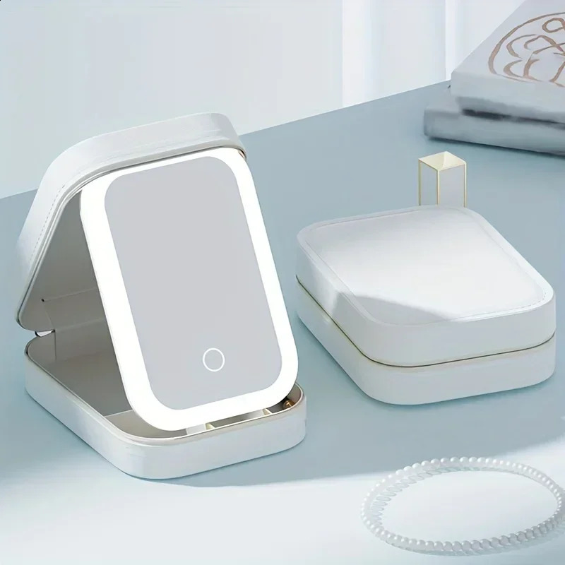 1pc USB Rechargeable LED Makeup Mirror Travel Cosmetic Bag with Light Makeup Storage Organizer Lighted Vanity Mirror 250228