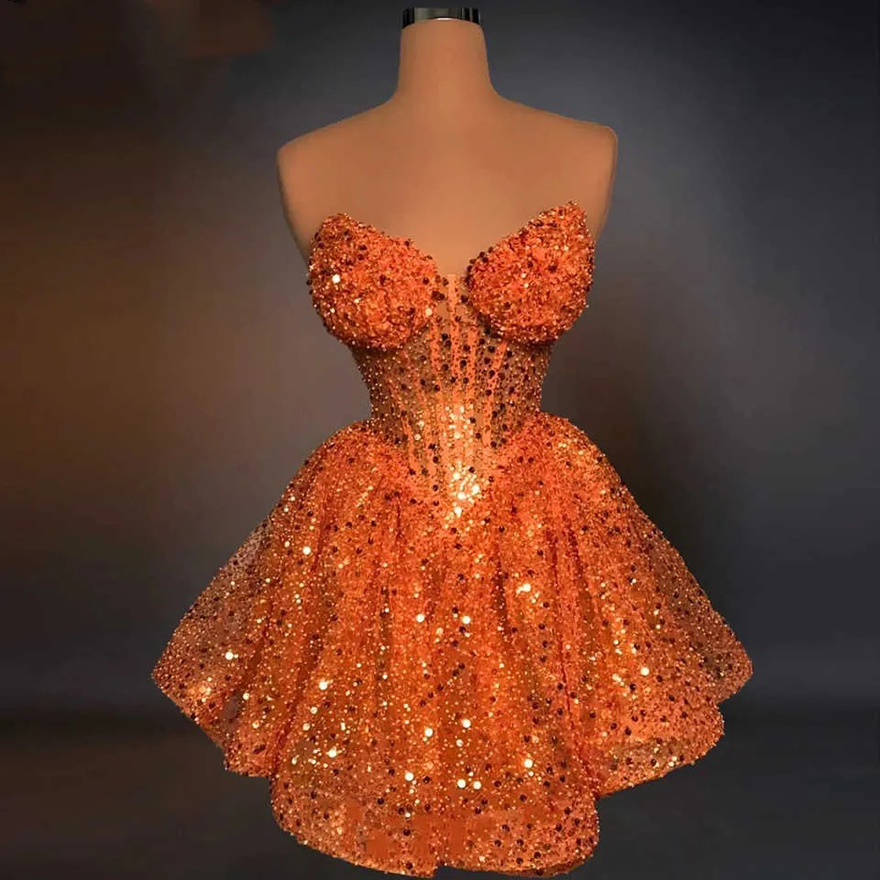 Stylish Cocktail Dresses Pearls Sequins Mini Short A Line Evening Prom Gowns Strapless Princess Custom Made Sleeveless Graduation Ball Club Party Dres