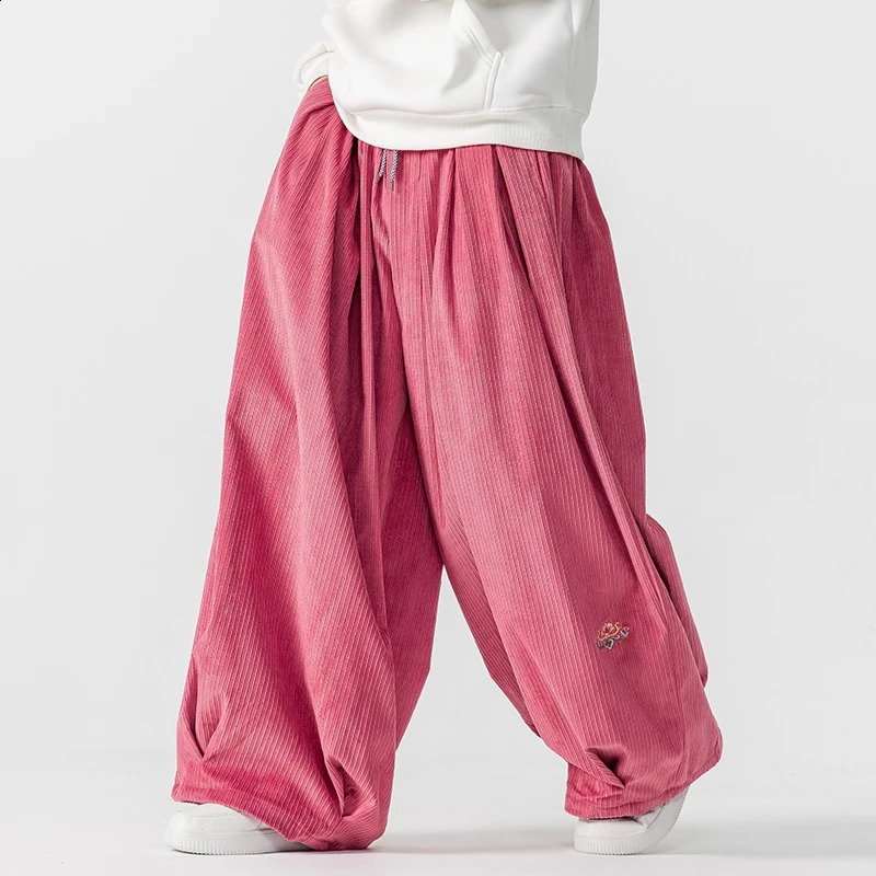 Mens Corduroy wide leg pants mens Japanese style loose and thick casual embroidered hip-hop mens streetwear pants 250228