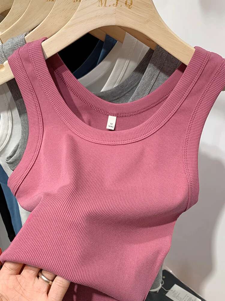 Summer Women Sleeveless Tank Tops Fashion Crop Top O-neck Fiess Knitted Ribbed Vest Female Solid Camis Cropped Streetwear