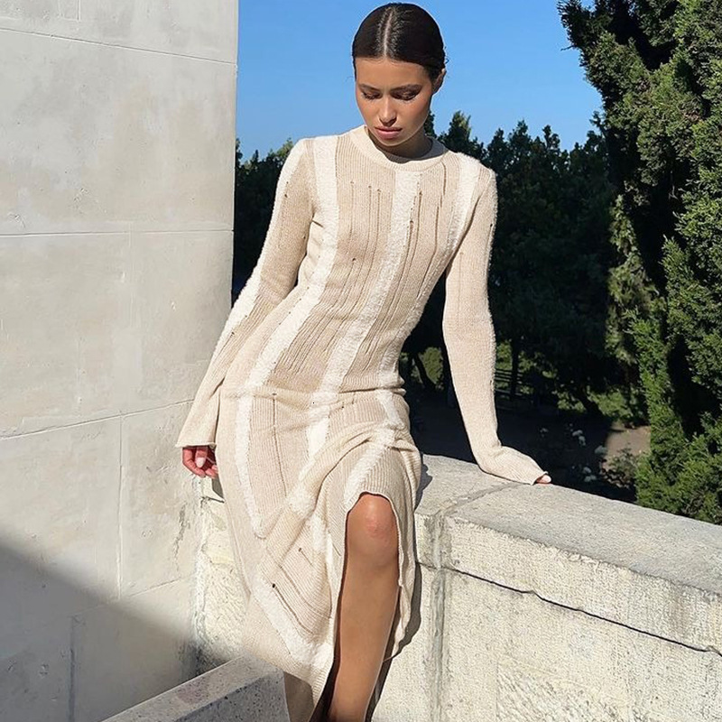 Women's 2023 Autumn/Winter New Fashion and Sexy Wool Weaving Hole Slim Fit Long Sleeve Dress