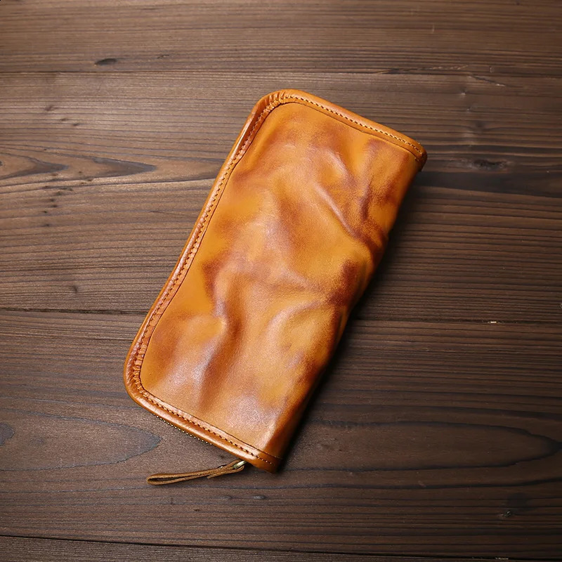 Genuine Leather Long Zipper Wallet Mens Vegetable Tanned Leather Vintage Multi-card Simple Clutch 250228