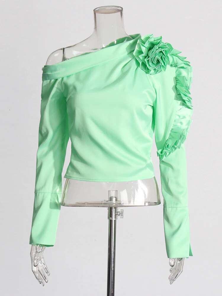 Patchwork Appliques Asymmetrical Blouse For Women Diagonal Collar Long Sleeve Solid Pullover Shirts Female Fashion