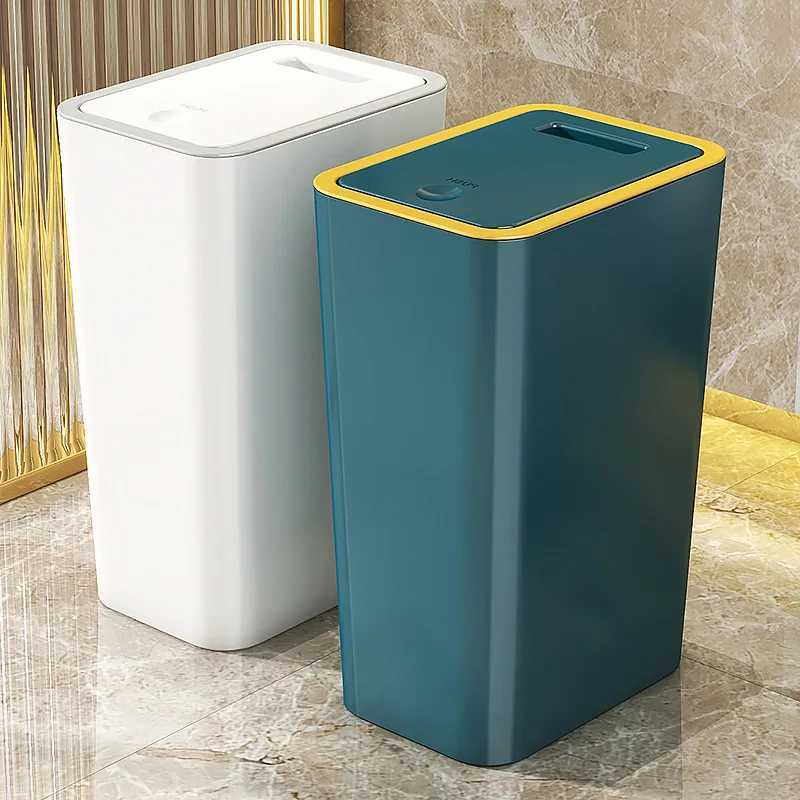 10L Smart Trash Can With One Button Up Lid High Looking Anti Odor Lidded High End Slit Paper Basket For The Toilets Y250301