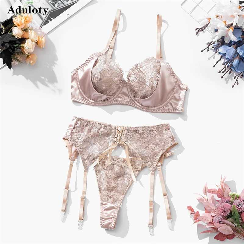 Aduloty Women Sexy Underwear Exquisite Embroidery Lace Satin Splice Thin Bra Seduction Erotic Lingerie Lace Up Three Piece SetXJ250301