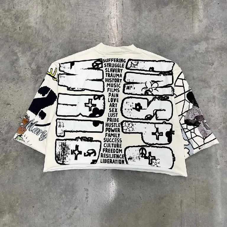Y2K T Shirt Mid Long Sleeve Men Women Punk Hip Hop Graffiti Style Graphic Printed Oversized T Shirt Harajuku Loose Short Sleeved 250228