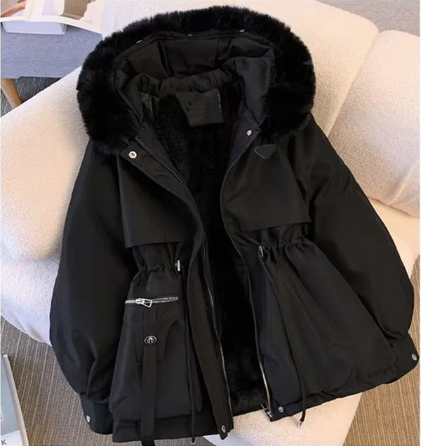 2026 Winter Parka jackets womens large fur collar coat Parisian designer fox fur thickened Parka Coat Fashion warm waist hooded coat