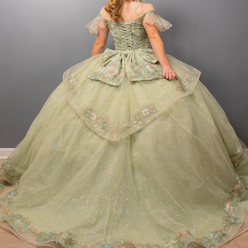 Sage Green Shiny Quinceanera Dresses Ball Gown Off The Shoulder Applique Lace Bow Beads Tull Party Birthday Sweet 16 Vestidos 15 De Anos
