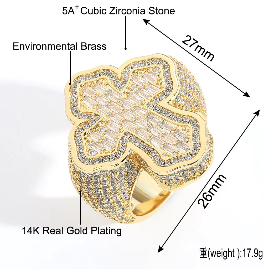European American Personality Ring Hip Hop Cross Shape Chunky Full Zircon Moissanite Mens Rings