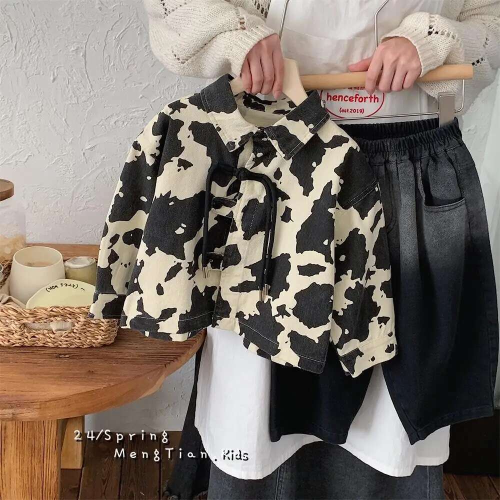 Ddmyshoesvip Spring Autumn Korean Children Boys Jackets Cotton Turn Down Collar Toddler Printed Spliced Baby Boy Outerwear Coat