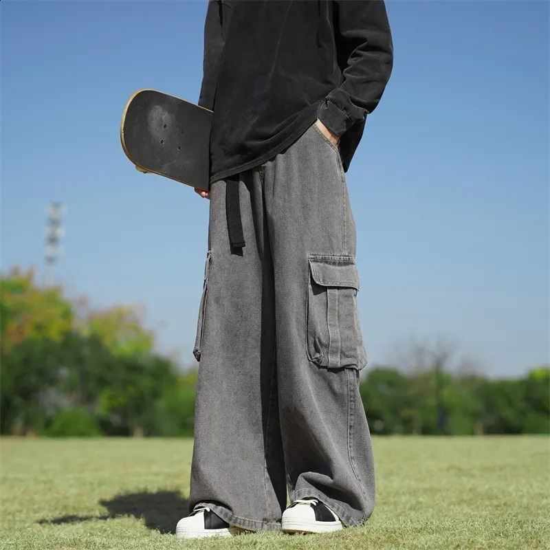 Solid Hip Hop Harajuku Jeans Vintage Large Pants Men Pockets Wide Leg Baggy Jeans Men Streetwear Straight Denim Cargo Pants 250228