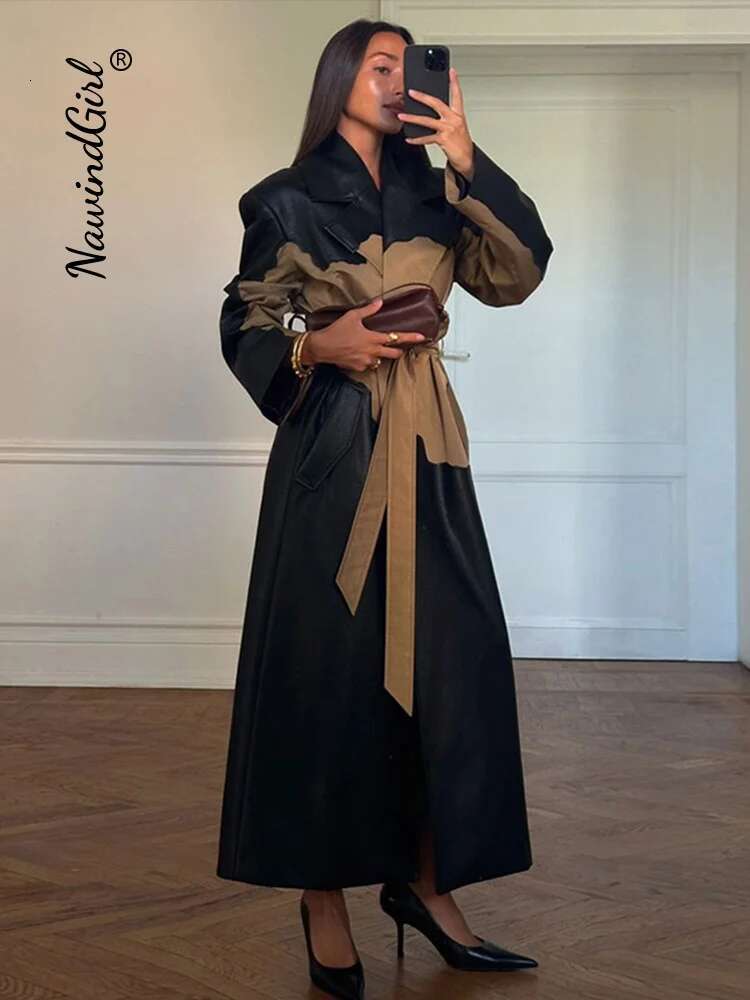 Elegant Contrast Leather Women Vintage Lapel Single Breasted Lace Up Split Belt Female Coat 2024 Autumn Winter Lady Outwear