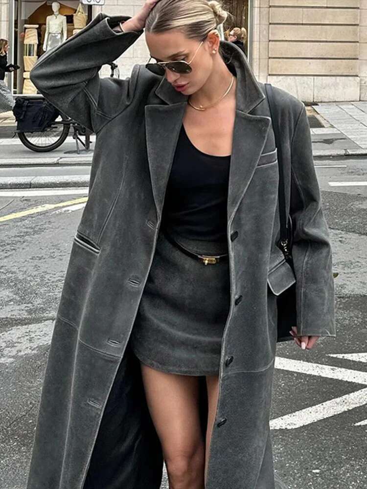 Grey Leather Women's Coat Vintage Turndown Collar Single Breasted Long Sleeve Coats Fashion Autumn Retro Jacket Outerwears