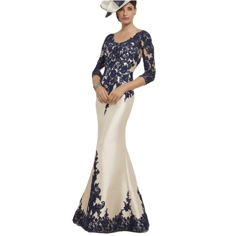Elegant Long Mother Of The Bride Dresses Navy Lace Appliques Mermaid Wedding Guest Dress 3/4 Long Sleeves Sweep Train Groom Mom Formal Party Gowns