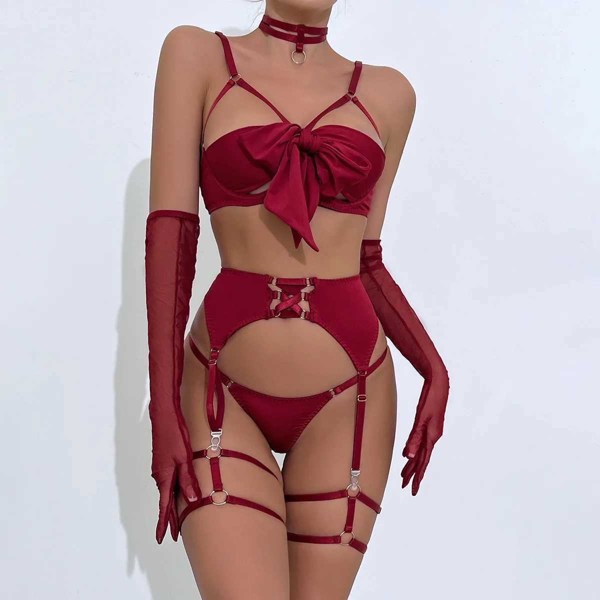 sexy lingerie set Bow bra Black Temptation Bra Set Belt Hollowed Out Gathering Four Piece underwear women Set Erotic SleepwearXJ250301