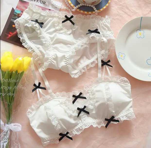Lolita pure desire white cute my melody brassiere wind lolita maid lace underwear Japanese girl no steel ring bra and panty setXJ250301