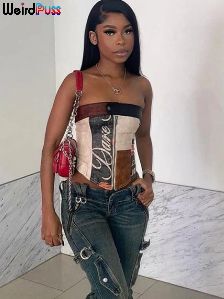 Weird Puss PU Leather Patchwork Print Tube Tops Women Y2K Zip Button Vintage Summer Trend Casual Corset Top Streetwear Wild Vest 250226