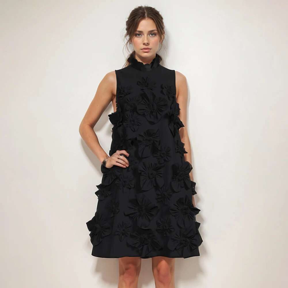 TWOTWINSTYLE Soild Slimming Dresses For Women Stand Collar Sleeveless Patchwork Appliques Designerdress Female Fashion Clothes