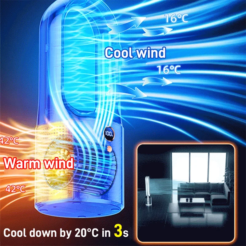 Silent air conditioning fan Portable Air cooler Fan LED Display Leafless Electric Fan 6h Timer USB charging Heater fan