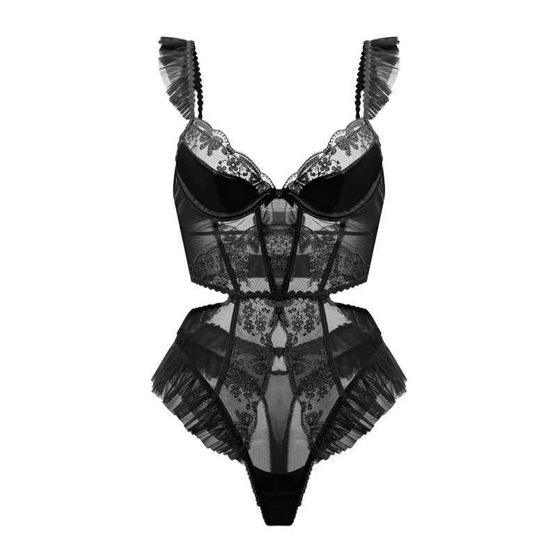 Sexy lace one-piece sling sleepwear French cut pleated strapless lingerie set bra lingerieXJ250301