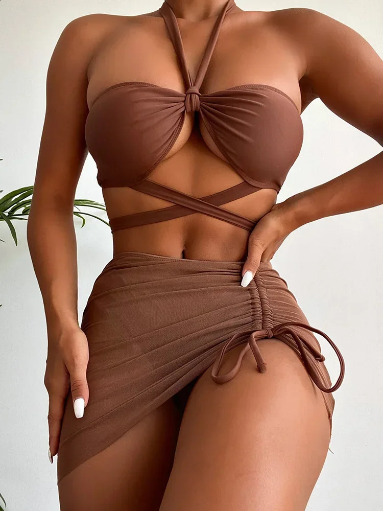 3 PCS Mesh Skirt Halter Wrap Around Bikini Female Swimsuit Women Swimwear Threepieces Set Bathing Suit Swim Beachwear 250227