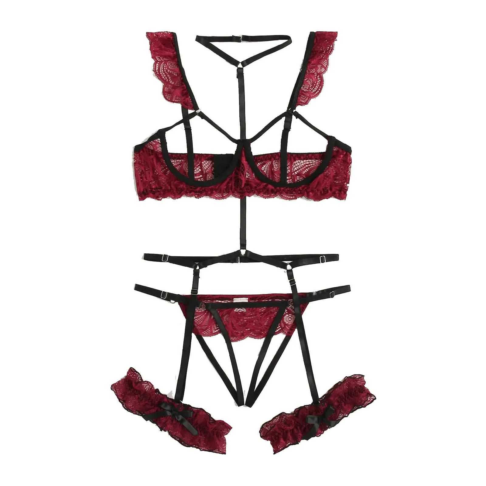 Sexy lace Crotch lingerie set suspender neck hollow bra lingerie bandage pajamas steel ring suspender lingerie set sexyXJ250301