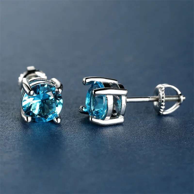 Female Crystal Light Blue Stone Earring Charm Sier Color Stud Earrings Cute Round Zircon Wedding Jewelry For Women
