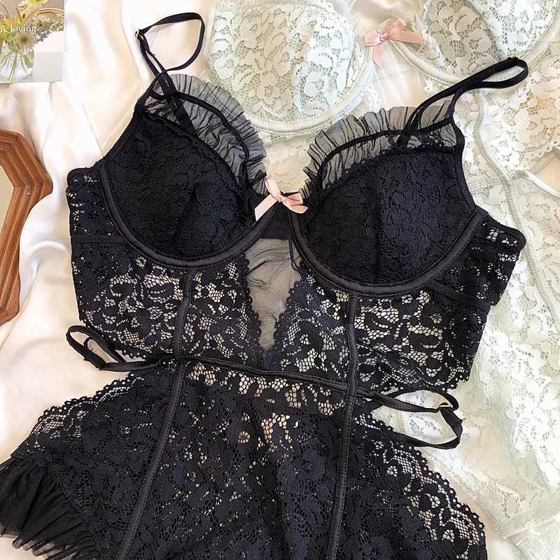 Sexy lace hollowed out one-piece bodysuit private thin section soft steel ring beauty back bra micro shaping lingerieXJ250301