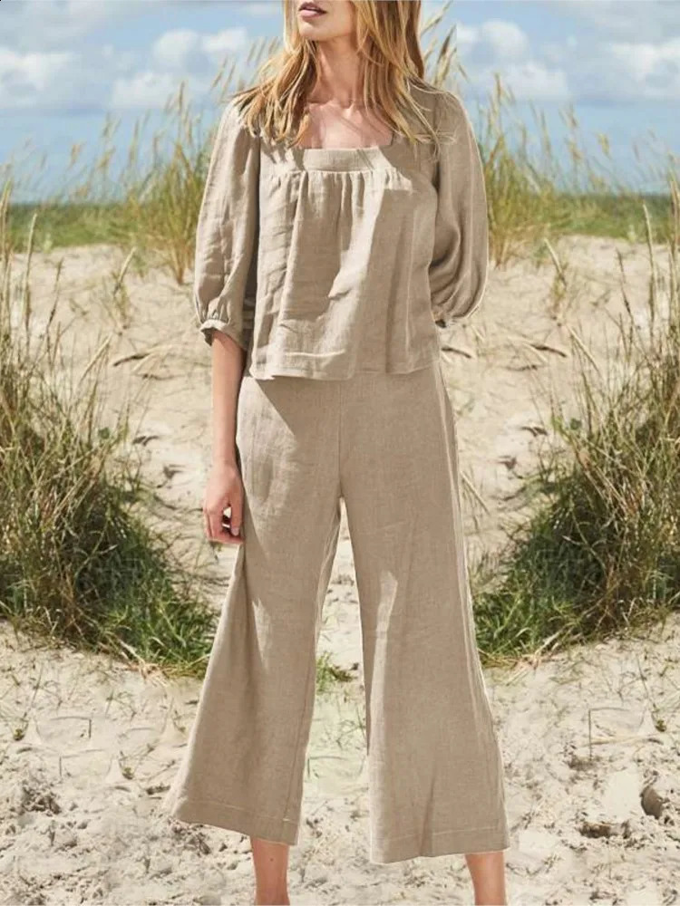 Vintage Cotton And Linen Pant Sets Clothes For Women Solid Color Square Collar Tops Waist Wide Legs Pants Two Piece Set Ladies 250225