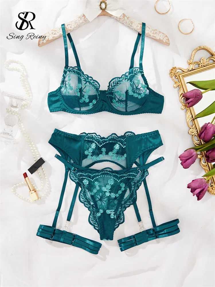 SINGREINY Embroidery Mesh Sexy Lingerie Suits Women Garter Transparent 4 Pieces Sets Ladies Floral Underwear Shapewear SetsXJ250301