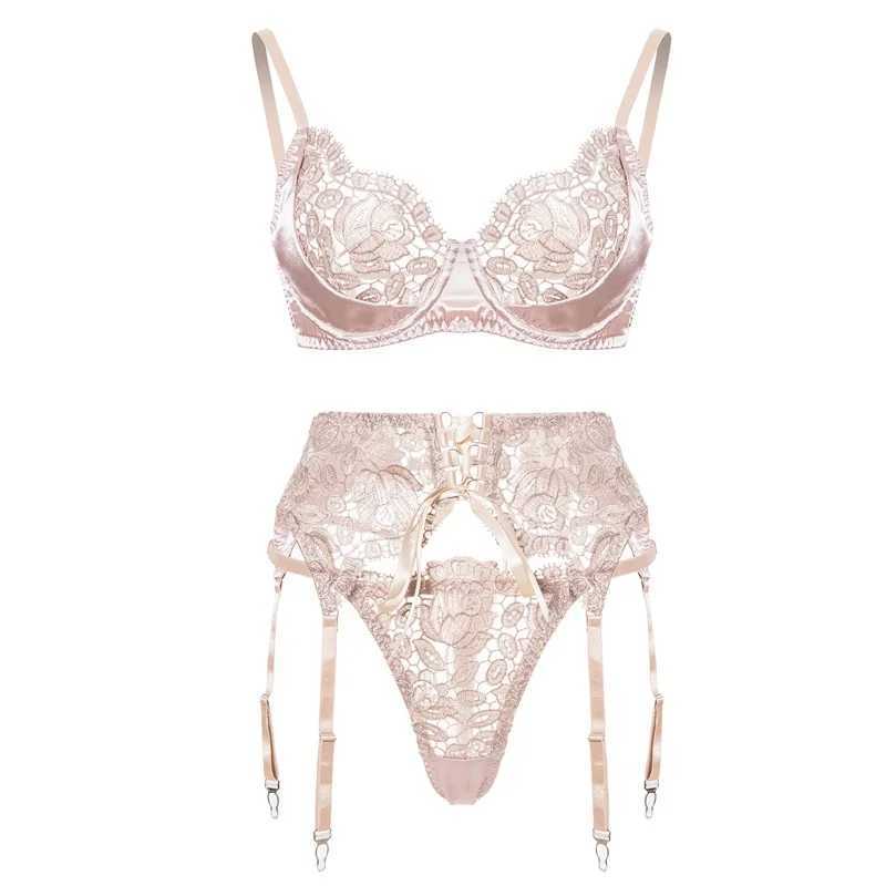 Aduloty Women Sexy Underwear Exquisite Embroidery Lace Satin Splice Thin Bra Seduction Erotic Lingerie Lace Up Three Piece SetXJ250301