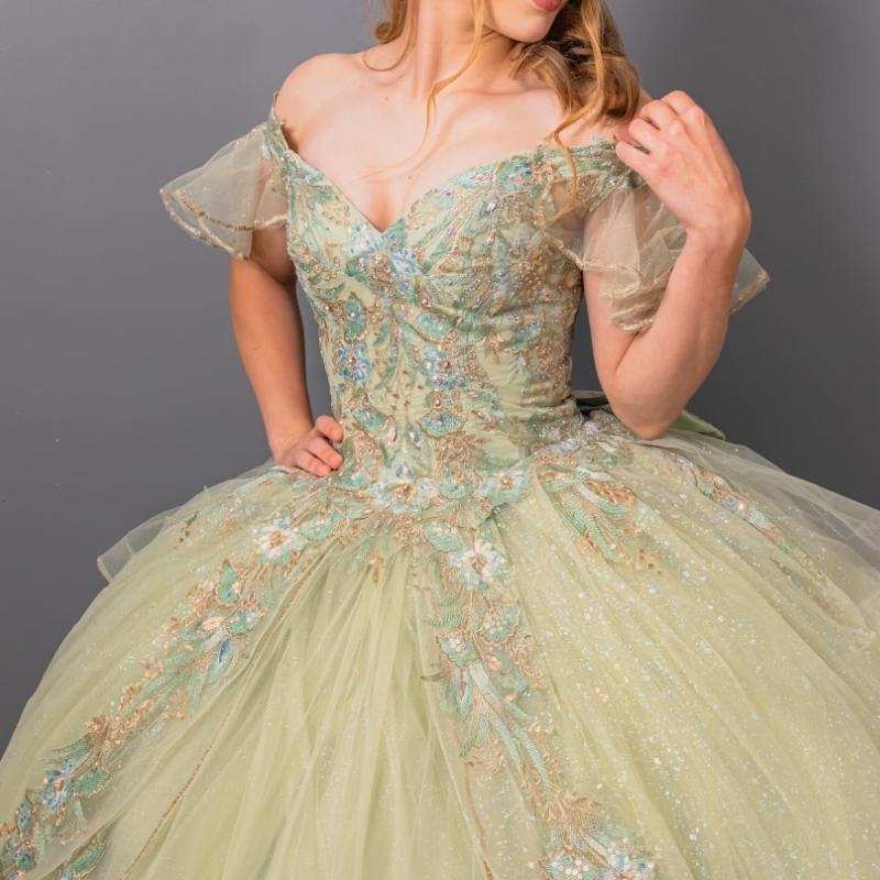 Sage Green Shiny Quinceanera Dresses Ball Gown Off The Shoulder Applique Lace Bow Beads Tull Party Birthday Sweet 16 Vestidos 15 De Anos