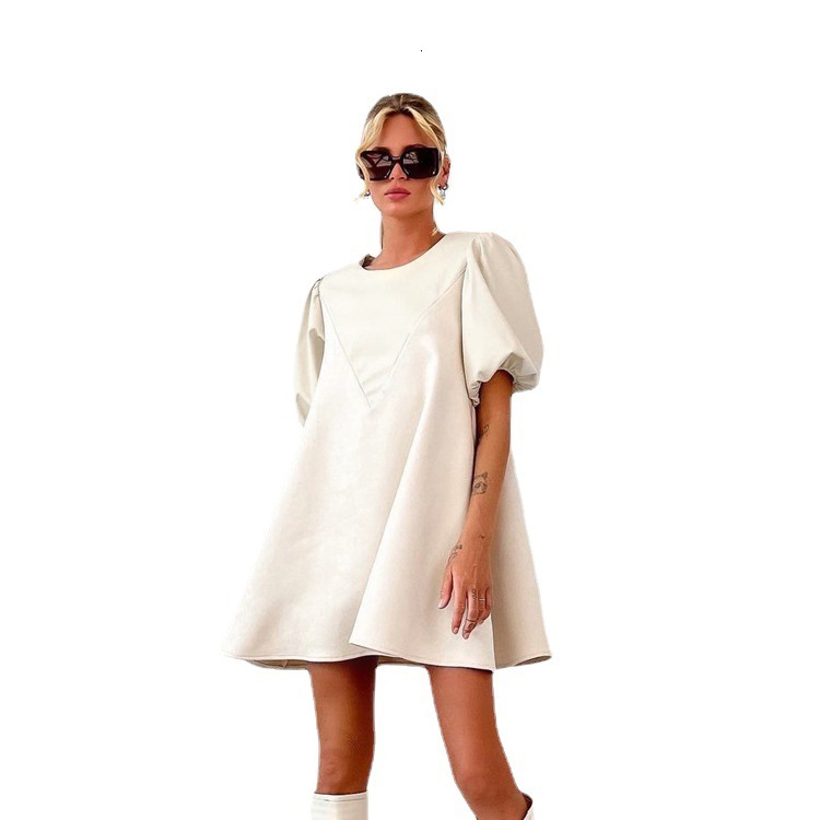 Feng New3 Spring Women's PU Leather Panel Design Feel Loose Solid Color Casual Short Sleeve Dress