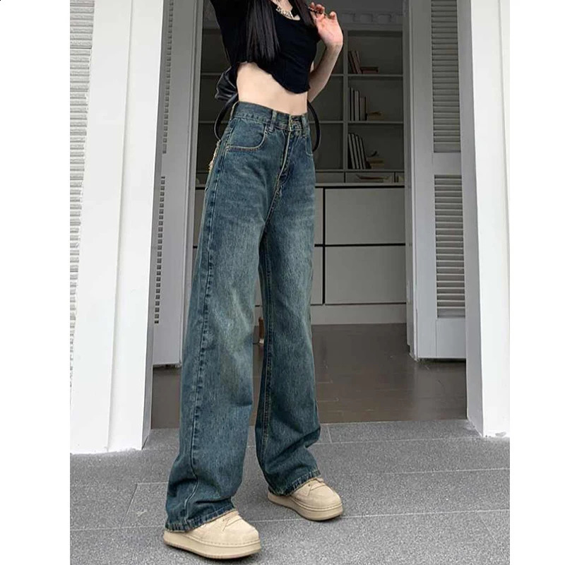 Wide Leg Jeans For Women High Waisted Contrasting Straight Leg Pant Autumn lady Loose Pants Streetwear 250225