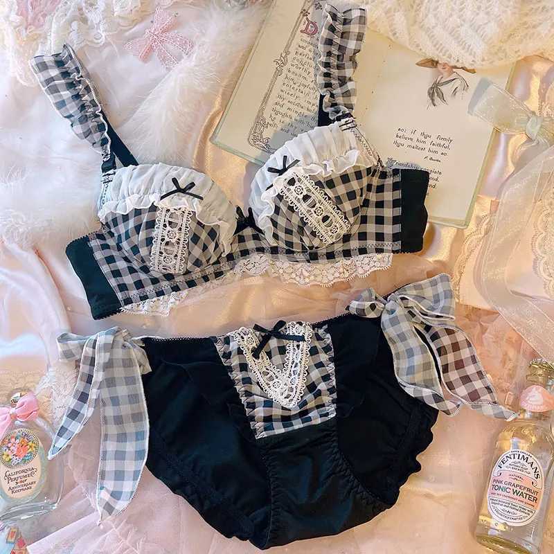 Japanese lingerie cute girl sweet blue black white bubble gum with steel rims thin and large apron bra setXJ250301