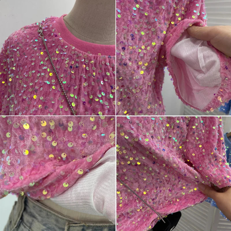 Womens Pink Sequined Short-Sleeved T-shirt Loose Nightclub Blingbling Sweet Short Top 9088 Y2k Essential Streetwear Outfit 250225