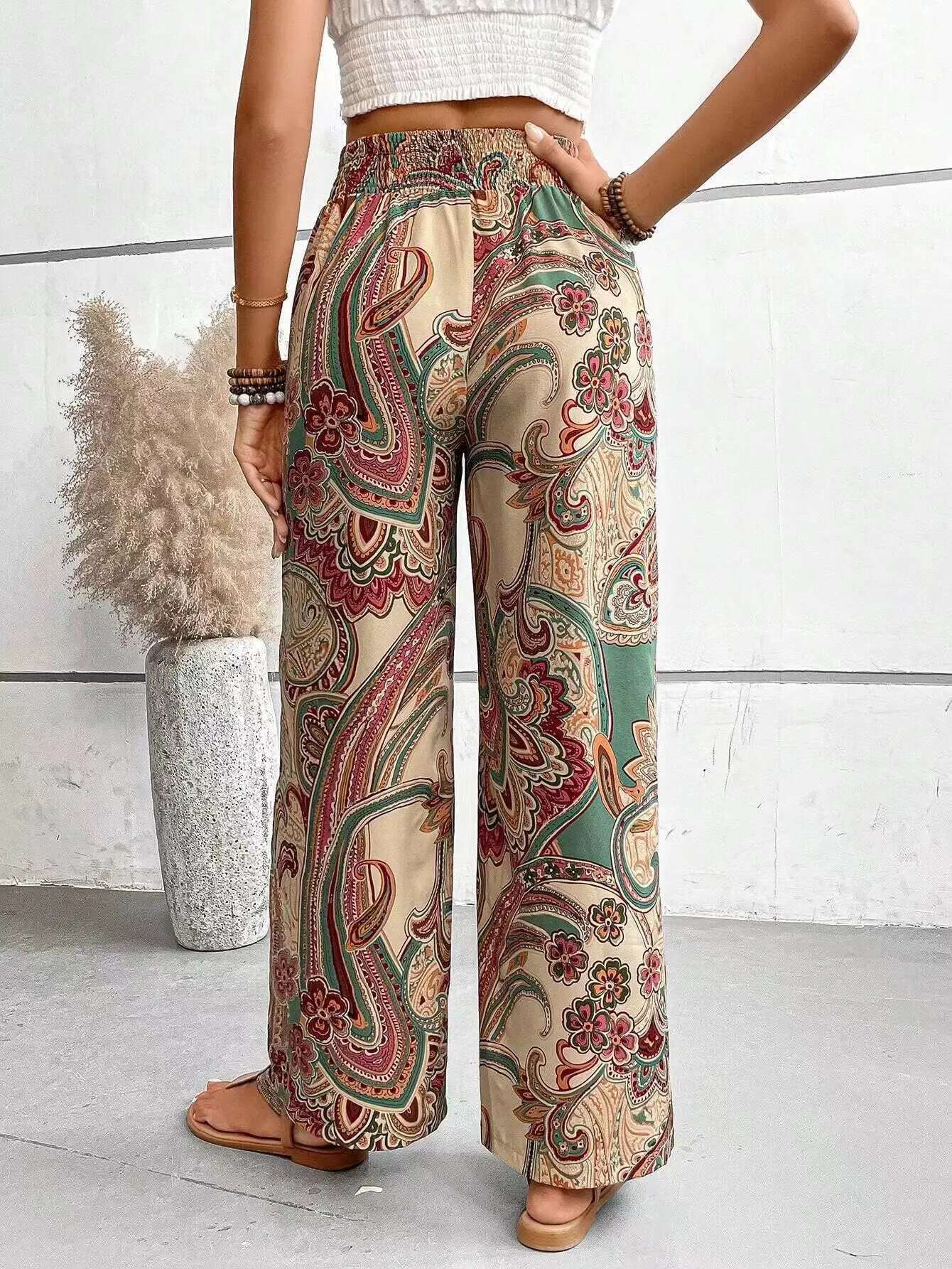Fashion Vintage Print Wide-leg Pants Women Casual High-waisted Trouser 2024 Spring Summer Office Lady Clothes Streetwear