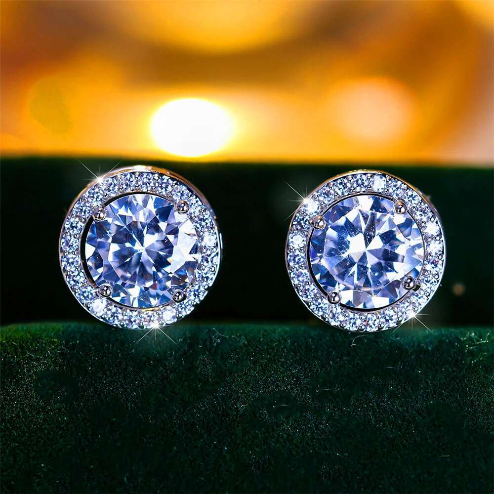 Male Female Crystal Purple Blue Green Round Stud Earrings Sier Color Wedding Jewelry For Women Men