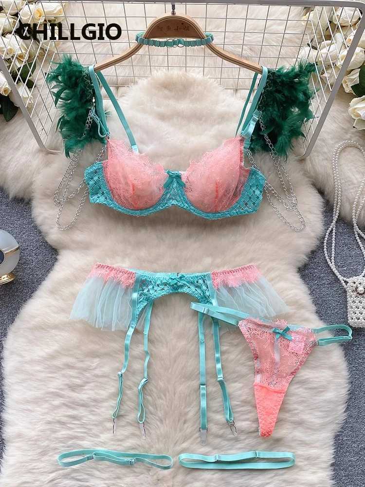 CHILLGIO Women Sexy Hot Lace Bra Brief Suits Vintage Feather Patchwork Lingerie Erotic Bodycon Fashion Intimate Underwear SetsXJ250301