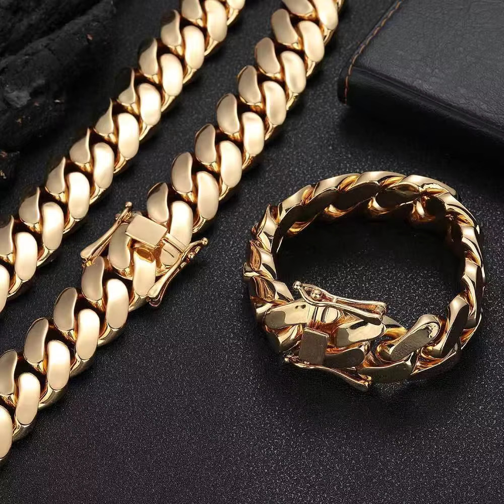 Custom Hip Hop 20mm Real S925 Sterling Silver 9K 10K 14K 18K Solid Gold Miami Cuban Link Chain Necklace Bracelet Set