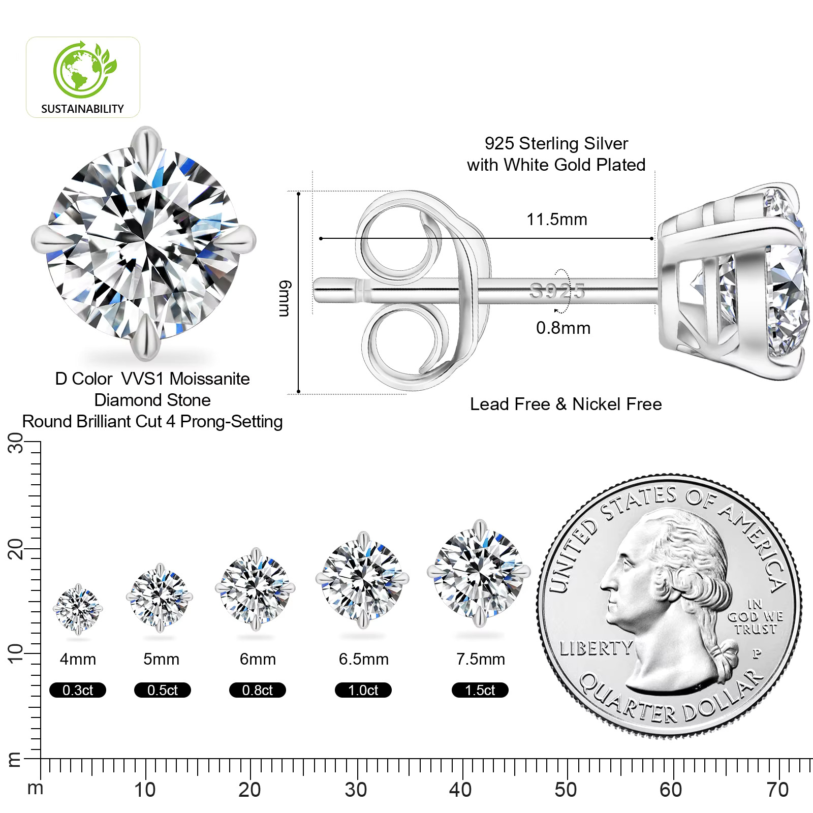 Sparkly VVS Moissanite Studs 14K White Gold Jewelry Christmas Gifts Sterg Sier Lab Created Dia Earrings for Women