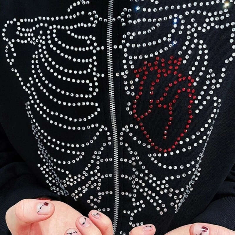 Y2k rhinestone printed loose zipper for women, thick and warm Harajuku jacket, street photography Korean version hoodie