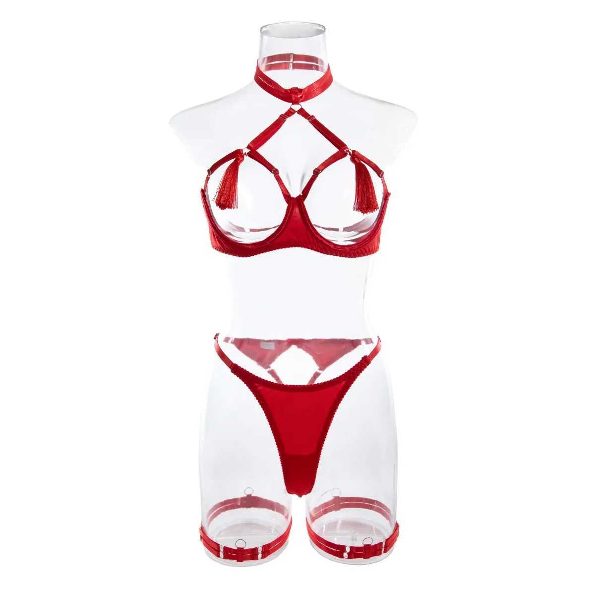 Sexy Hollowed Out Tassels Exotic Apparel Suit 2024 New Fashion Womens Solid Seductive Opening Underwear Female Intimates SetXJ250301