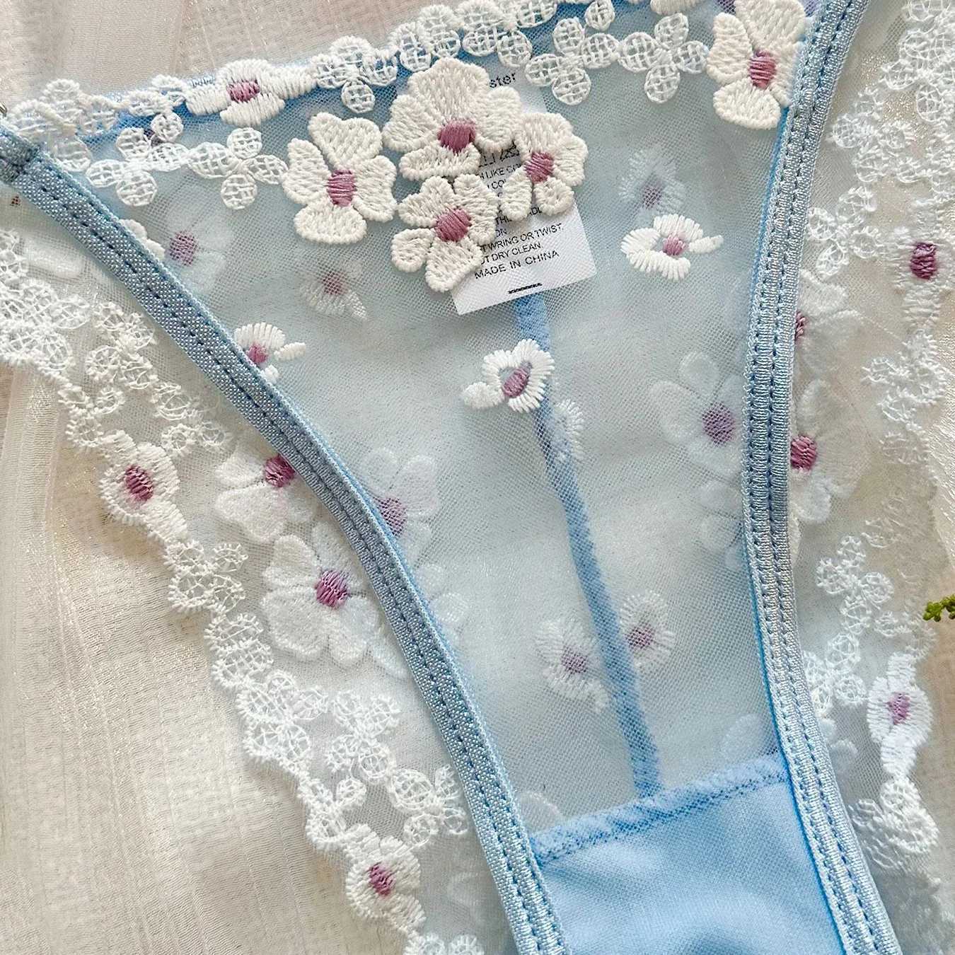 Autumn New French Style Sweet Floral Embroidery Lingerie Set Womens Mesh Perspective Comfortable Gathering Underwear Bra BriefsXJ250301