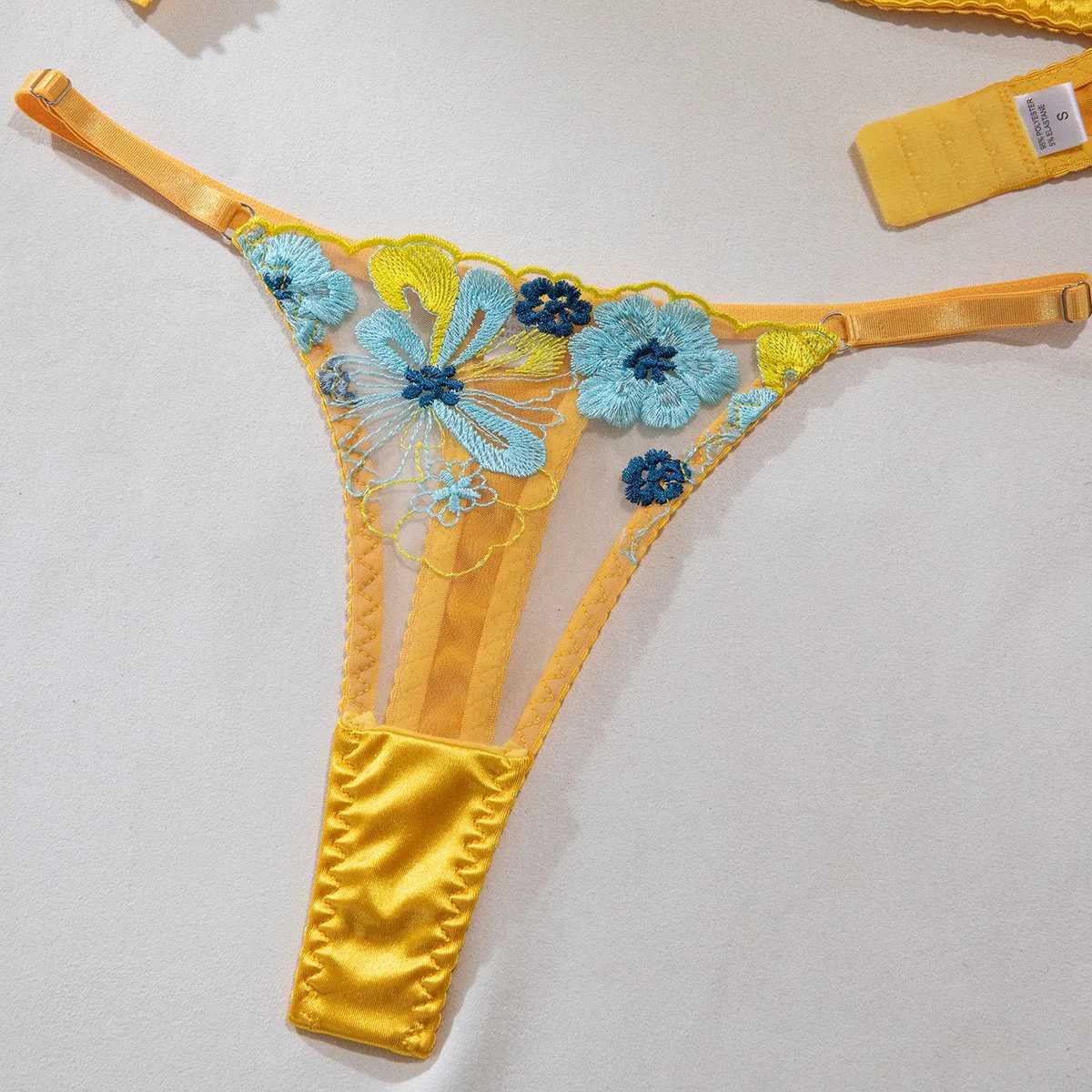 Sexy Thin Floral Embroidered Mesh Underwear Women Spliced Color Perspective Two Piece Set Solid Hollow Out Sensual Porn CostumesXJ250301