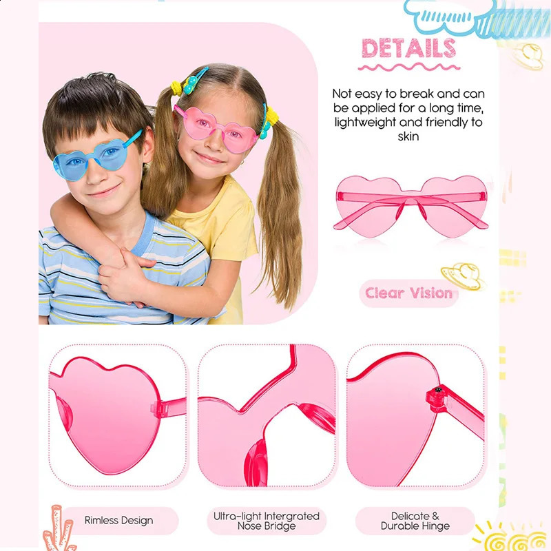 12-100Pcs Kids Heart Shaped Sunglasses Party Favors Birthday Children Heart Sun Glasses Rimless Candy Colorful Girls Boys Gifts 250221