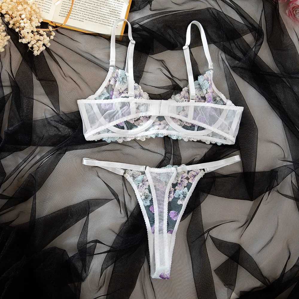 Womens Sexy Suspender Lingerie Set Blue and White Embroidery Mesh Bra Soft Steel Ring Perspective Exotic Apparel Suit UnderwearXJ250301