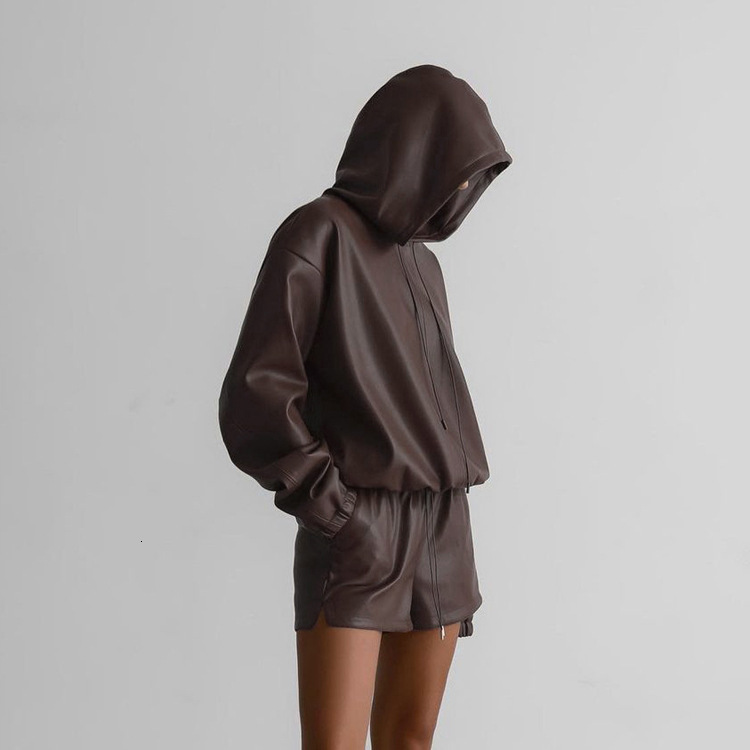 New4 Spring New Fashion Hooded Leather Sweater Shorts Trendy Street Women's Two Piece Set