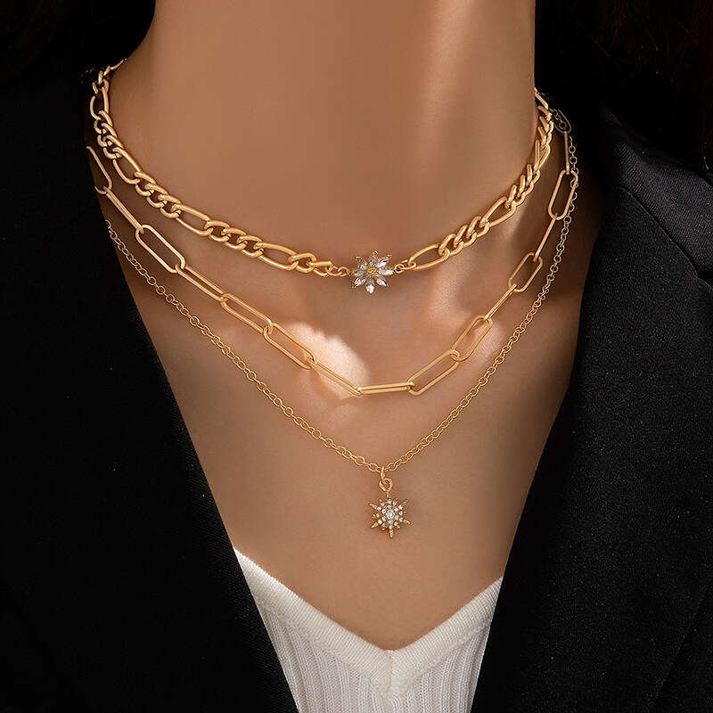 designer necklace Personalized alloy circular pendant, three-layer necklace, versatile, shaped pearl layered collarbone chain, women's necklace