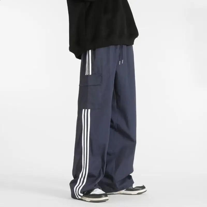 Mens Trendy American Retro Streetwear Side Striped Cargo Pants Y2K Casual Pocket Sport Straight Loose Trouser Pantalones Hombre 250225